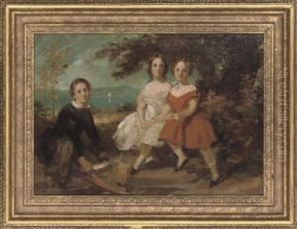 A Group Portrait Of Three Children, Small Full-length, Seated In A Landscape Oil Painting by Daniel Maclise