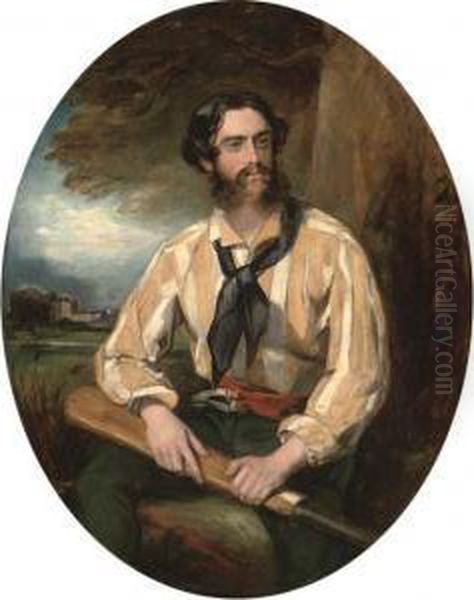 Portrait Of A Cricketer, Wearing A Red Sash, Seated Three-quarter Length, In A Landscape Oil Painting by Daniel Maclise