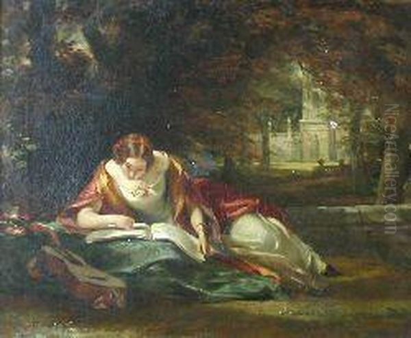 Figure Of A Reclining Lady Reading In A Garden Oil Painting by Daniel Maclise