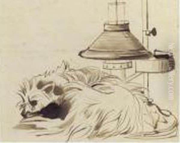 A Dog Asleep Beside A Reading Lamp Oil Painting by Daniel Maclise