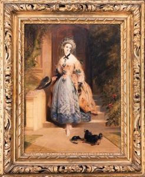 Portrait Of Louisa Jane, 
Marchioness Of Abercorn, Smallfull-length, In In An Elaborately 
Embroidered Yellow And Bluedress, At The Entrance To A House, With A 
Spaniel Oil Painting by Daniel Maclise