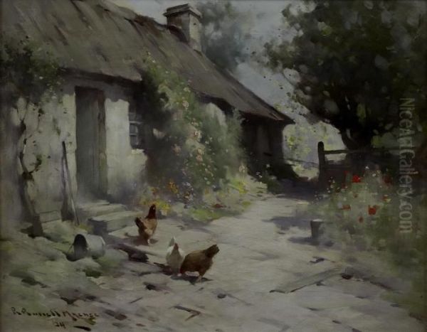 Chickens On A Sunlit Path Oil Painting by Robert Russell Macnee