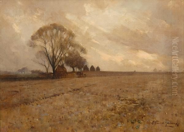 Stubble Field With Plough Team Oil Painting by Robert Russell Macnee