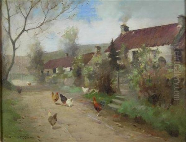 Chickens On A Roadway Oil Painting by Robert Russell Macnee