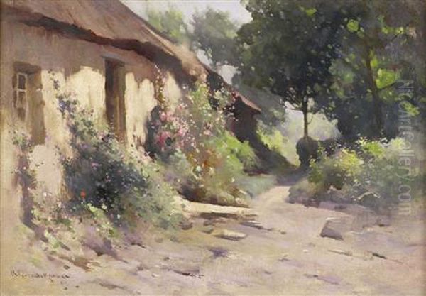 A Cottage Garden Oil Painting by Robert Russell Macnee