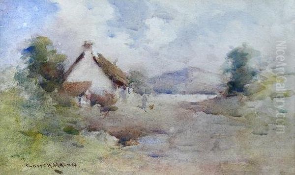 Awoman At A Well With Chickens In A Farmyard Oil Painting by Robert Russell Macnee