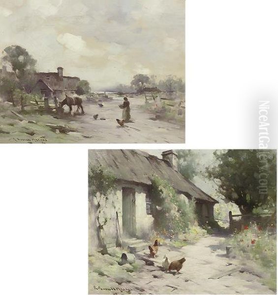 Chickens In A Farmyard; And Figures And A Horse Before A Cottage Oil Painting by Robert Russell Macnee