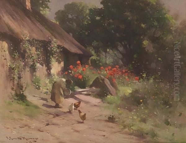 A Cottage Garden Oil Painting by Robert Russell Macnee