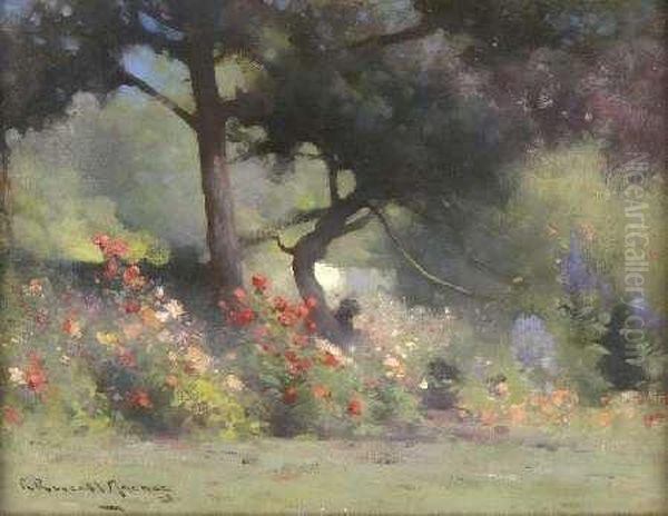 A Flower Filled Garden Oil Painting by Robert Russell Macnee