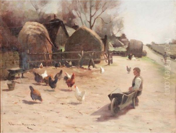 A Farmboy With Hens Oil Painting by Robert Russell Macnee