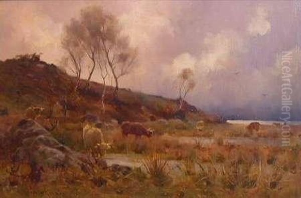 Highland Cattle Grazing Oil Painting by Robert Russell Macnee