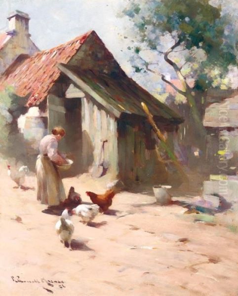 Feeding The Hens Oil Painting by Robert Russell Macnee