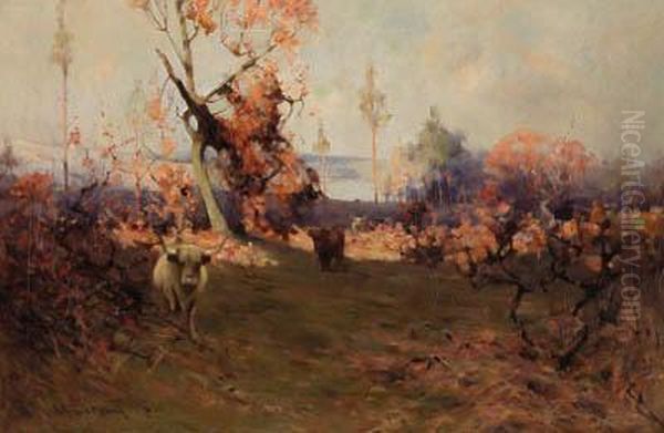 Highland Cattle In A Landscape Oil Painting by Robert Russell Macnee