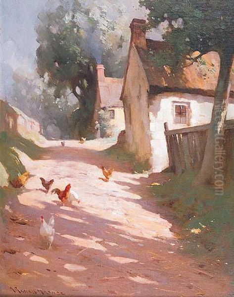 Hens In Morning Sunlight Oil Painting by Robert Russell Macnee