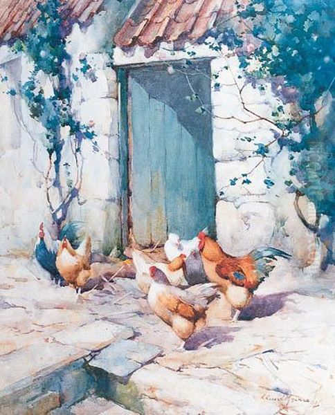 A Cockerel With Hens In A Farmyard Oil Painting by Robert Russell Macnee