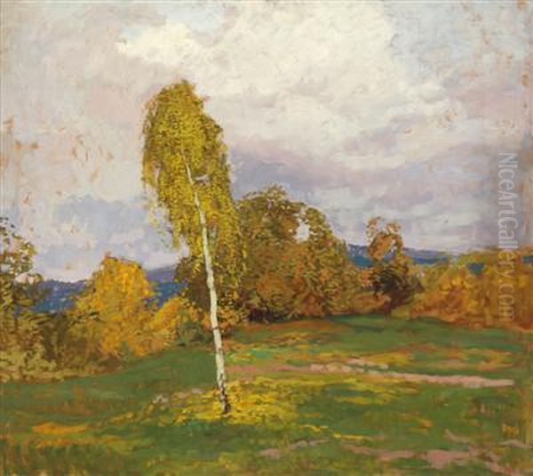 A Landscape With A Birch Tree Oil Painting by Gustav Macoun