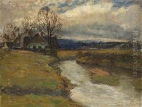 A House By A Brook Oil Painting by Gustav Macoun