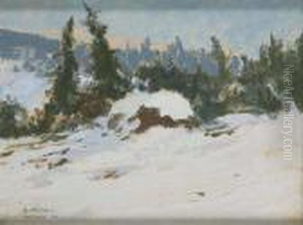 Wintery Krkonoe Mountains Oil Painting by Gustav Macoun