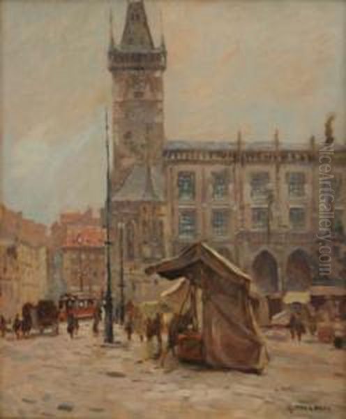 Old Town Hall In Prague Oil Painting by Gustav Macoun