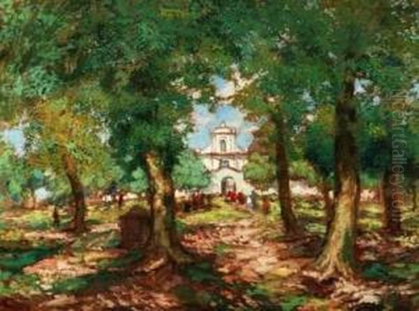 Chruch Viewed Through The Trees Oil Painting by Gustav Macoun