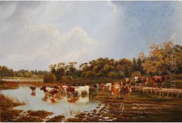 An Extensive Rural Landscape With Cattle At Water Oil Painting by John MacPherson