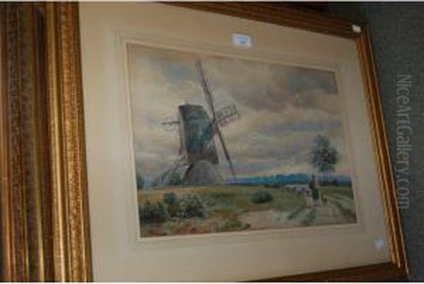 With Flock Of Sheep Before A Windmill Oil Painting by John MacPherson