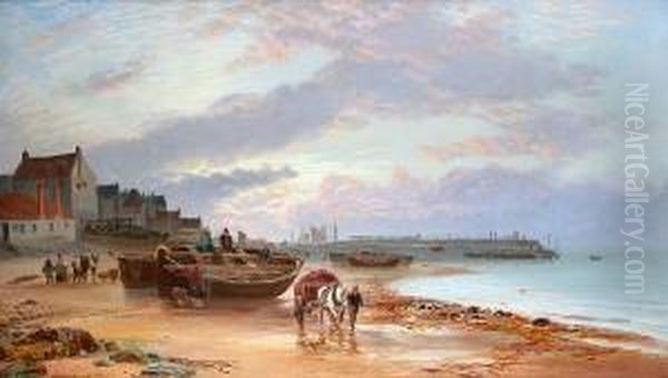 A Scottish Port Scene With Beached Boats And Fisherfolk Oil Painting by John MacPherson