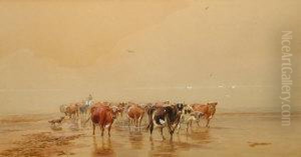 Cattle And Drovers On A Beach Oil Painting by John MacPherson