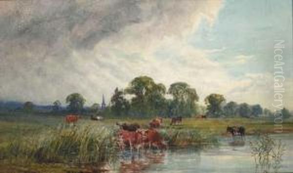 Cattle Watering Beside A River With A View Of A Church Spirebeyond Oil Painting by John MacPherson