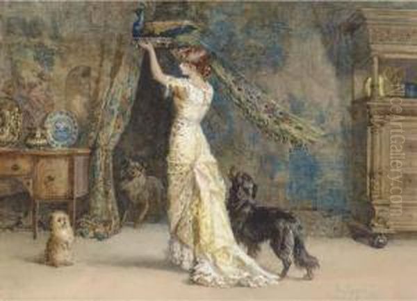 A Lady Standing In An Interior, Holding A Peacock, With Two Dogs At Her Side Oil Painting by Percy Thomas Macquoid