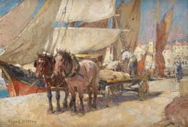 Chariot Attele Devant Le Port De Nice Oil Painting by Jacques, Jakob Madiol