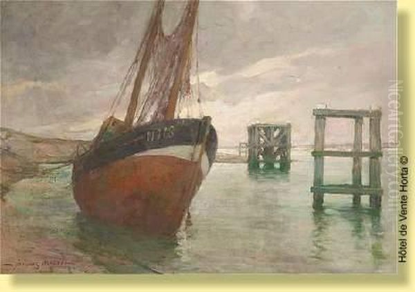 Bateau De Peche A Maree Basse A Nieuport Oil Painting by Jacques, Jakob Madiol