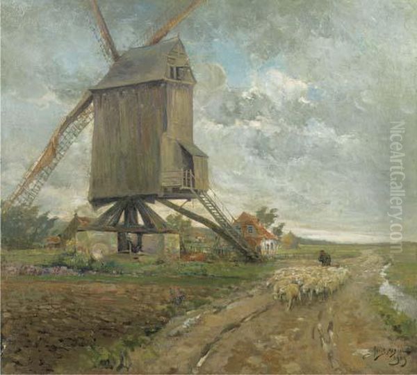 Leading The Sheep Past The Mill Oil Painting by Jacques, Jakob Madiol