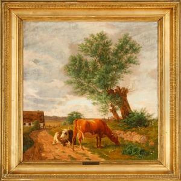 Cows At A Fence Oil Painting by Andreas Peter Madsen