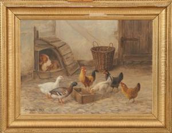 Court With Dog, Ducks And Chickens Oil Painting by Andreas Peter Madsen