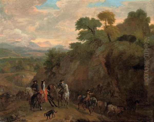 Elegant Figures On Horseback In A Rocky Landscape Oil Painting by Dirck Maas