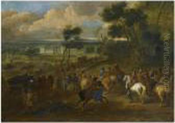 An Extensive Wooded Landscape 
With King Louis Xiv And Hiscompany Returning From The Hunt, A View Of 
The Palace Of Versaillesbeyond Oil Painting by Dirck Maas