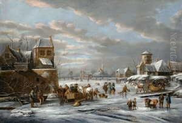 Eisvergnugen Vor Den Mauern Einer
 Stadt.

 Ol Auf Holz (parkettiert). H 76; B 111 Oil Painting by Dirck Maas