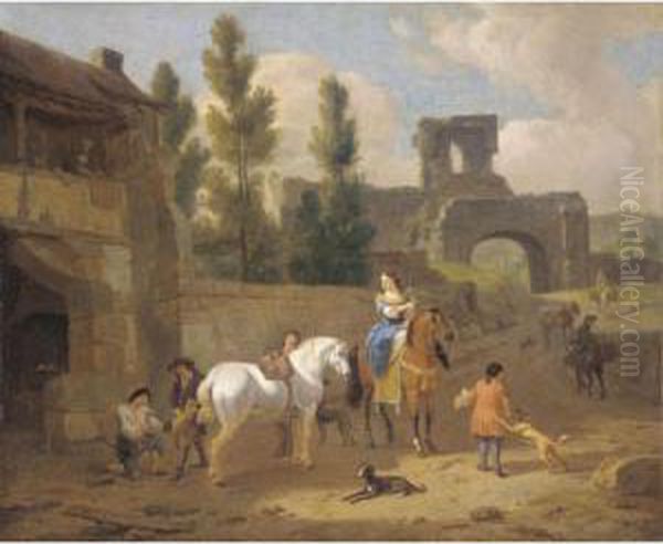 An Italianate Landscape With Elegant Figures Outside A Blackmith's Forge Oil Painting by Dirck Maas