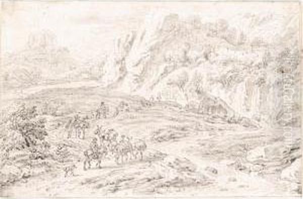 Mountainous Italianate Landscape With Merchants And Other Travellers By A Stream Oil Painting by Dirck Maas