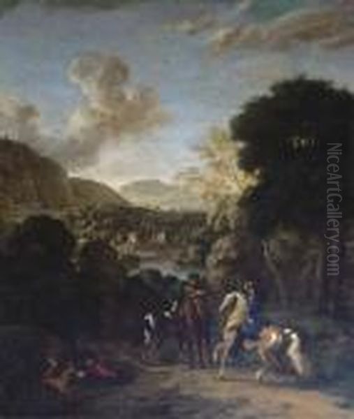 A Hawking Party In A Wooded Landscape With A Villa By A Lake Beyond Oil Painting by Dirck Maas