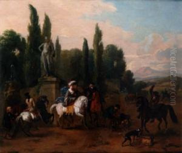 Elegant Hunting Party In A Park Landscape Oil Painting by Dirck Maas