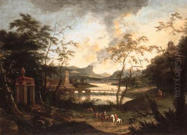 An Extensive River Landscape With A Hunting Party On A Track Oil Painting by Dirck Maas