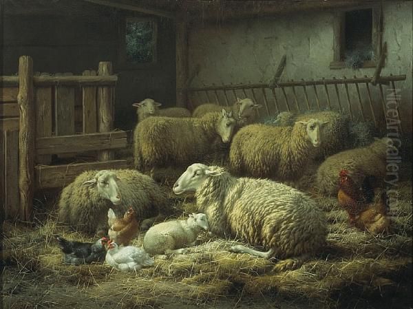 Sheep And Chickens In A Barn Oil Painting by Eugene Remy Maes