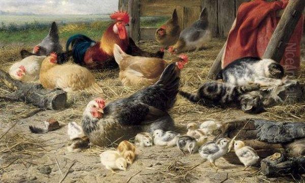 Poules Et Chatons Oil Painting by Eugene Remy Maes