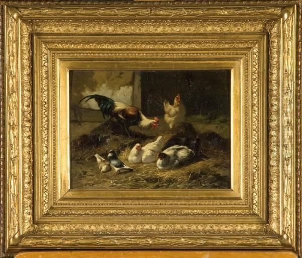 Coq, Poules Et Pigeons Dans La Paille Oil Painting by Eugene Remy Maes