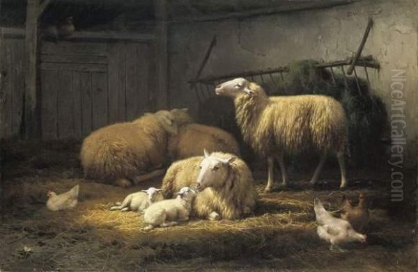 Moutons Et Poules Dans L'etable Oil Painting by Eugene Remy Maes