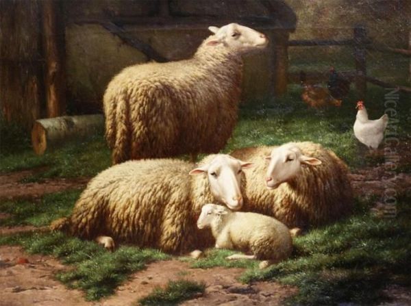 Sheep Lying In The Grass Near The Stabl Oil Painting by Eugene Remy Maes