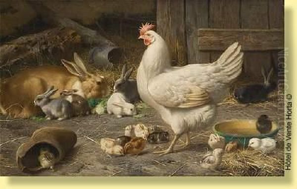 Lapins, Poule Et Poussins Dans La Grange Oil Painting by Eugene Remy Maes