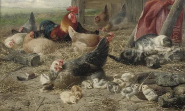 Kippen In Het Neerhof: In The Barnyard Oil Painting by Eugene Remy Maes